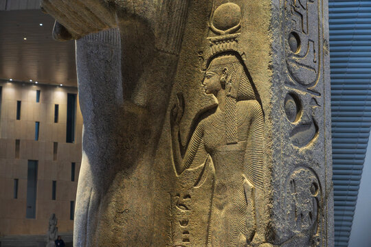 The colossal statue of Ramses ii, made of red granite. It stands in the entrance hall (Great Hall) of the new Grand Egyptian Museum (GEM)