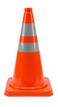 Bright orange traffic cone with reflective stripes