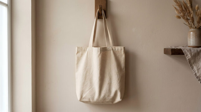 Photograph of a beige canvas tote bag hanging on a wooden wall hook, next to a window with natural light. A wooden shelf with dried wheat stalks and a woven basket is also visible in the background.