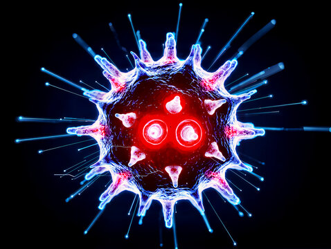 Microscopic 3D illustration of a glowing COVID-19 variant cell with intense red core and blue neon spikes, representing new mutations like Arcturus or Cicada on a black background.