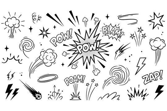 Dynamic comic book style action elements and expressive sound effect doodles collection for vibrant graphic design projects