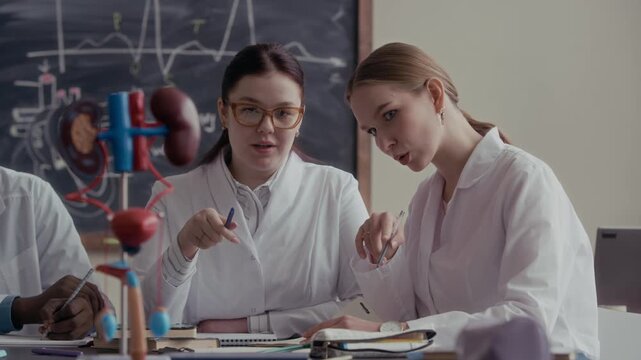 Waist up of two female healthcare students studying urinary system model and having conversation at desk in classroom