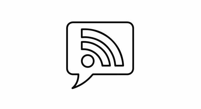 A simple, clean line art icon of an RSS feed symbol within a speech bubble