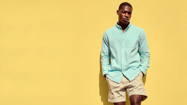 Photograph of a tall, dark-skinned Black man with a shaved head, wearing a light blue button-up shirt and beige shorts, leaning against a bright yellow wall.