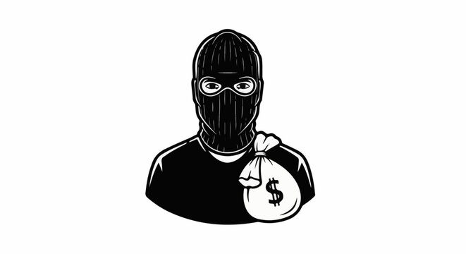 A masked figure wearing a ski mask and carrying a bag of money