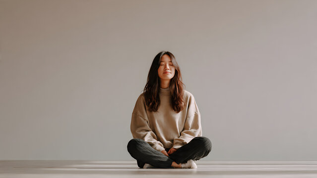 A young Asian woman with long brown hair, wearing a beige sweater and dark pants, sits cross-legged on a plain, light gray floor against a neutral background.