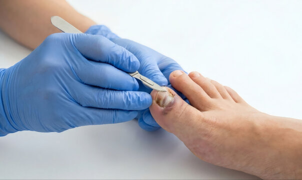 Close up of medical procedure using scalpel for toenail surgery or treatment of fungal nail infection by healthcare professional in blue gloves.
