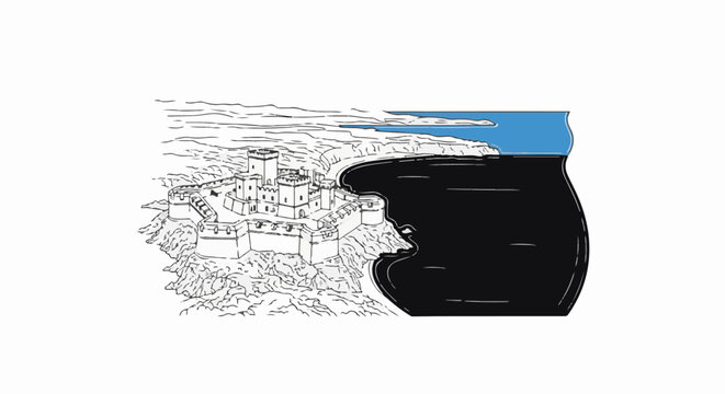 Ancient fortress on a rocky cliff overlooking dark sea and blue sky