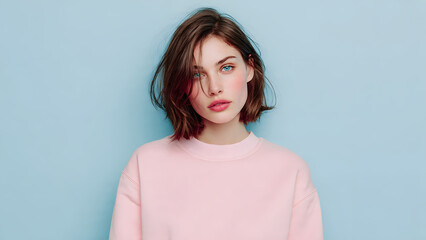 Obraz premium A photograph of a young woman with shoulder-length brown hair, fair skin, and green eyes, wearing a light pink sweater. She stands against a solid, pastel blue background.