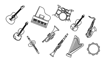 Flat thin line black outlined musical instruments icon set vector for apps and web design © BijoyChandra