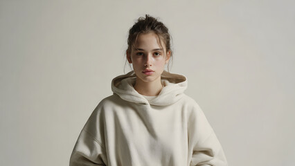 Fototapeta premium Photograph of a young woman with fair skin and dark hair tied back, wearing a cream-colored hoodie, standing against a plain, light gray background.