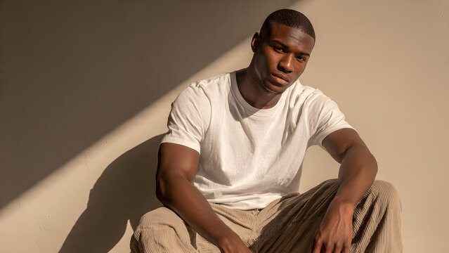 A serious-looking, muscular Black man with a shaved head sits on a white bench in a minimalist setting. He wears a white t-shirt and beige pants. The photo is lit with warm, natural sunlight.