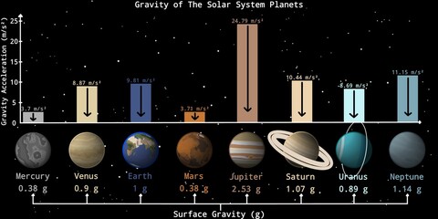 Surface Gravity and Its Acceleration (Falling Speed) of Solar System Planets Infographic – Solar System Planet Infographic © Zhafran Visuals