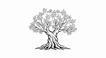 Fototapeta premium A stark, black and white sketch of an ancient, gnarled tree with broad leaves