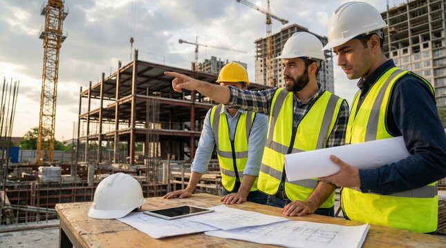 A team of construction engineers wearing safety helmets and reflective vests reviewing blueprints and discussing project details at an active construction site. Modern building structure and cranes in