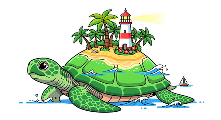 Obraz premium A colorful cartoon turtle swimming near a tropical island with a lighthouse