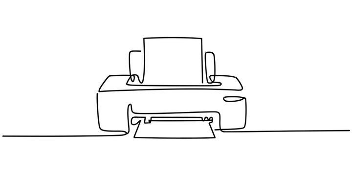 Minimalist single line art illustration of a modern office printer machine with paper. Vector, illustration