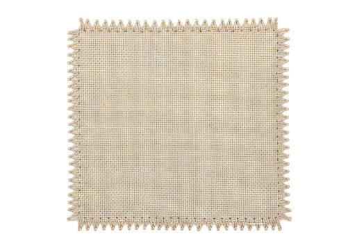 Square swatch of beige woven fabric with a frayed decorative edge
