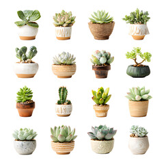 Fototapeta premium Variety of Potted Succulents and Cactus Plants Isolated on Black Background