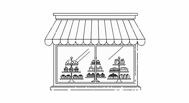 A stylized black and white illustration of a bakery storefront