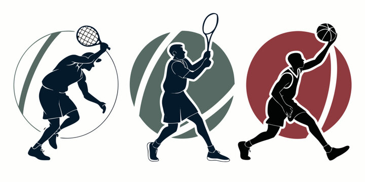 Male athletes in dynamic silhouette illustrations performing tennis serve and forehand basketball dunk within circular frames silhouette basketball training