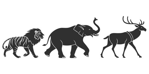 Black and white silhouettes of a walking lion elephant deer isolated on white background side profile big five silhouette elephant wildlife isolated