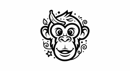 Obraz premium A stylized black and white monkey head with a banana and decorative elements