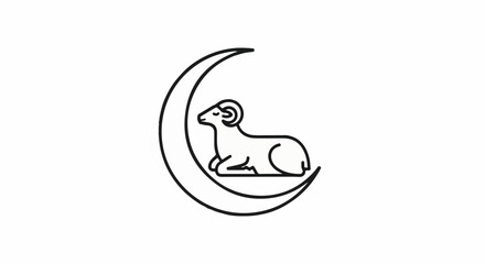 Obraz premium A stylized black outline of a ram rests on a crescent moon