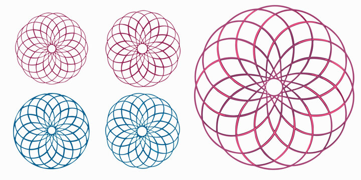 Abstract geometric spirograph-like patterns in red and blue, intricate circular line art design elements set, symmetrical designs ideal for graphic elements