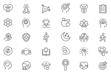 Fototapeta premium Wellness icon set. Health, self-care, mindfulness, mental health, healthcare, spa, wellbeing, yoga, meditation, healthy lifestyle, fitness icons. Thin line editable stroke vector illustrations.