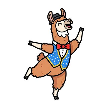 A cartoon llama, in a formal vest, bow tie, and hat, dances with joy. It has its arms raised and is laughing