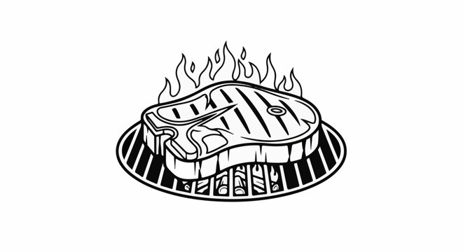 A stylized illustration of a T-bone steak grilling over flames on a circular grate