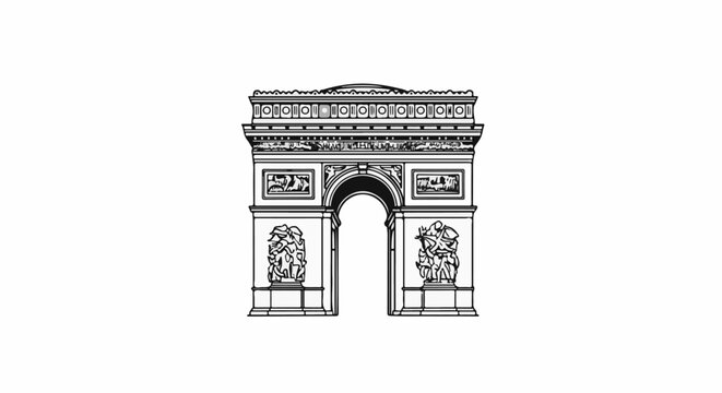A stylized line drawing of a grand archway with intricate carvings and sculptures