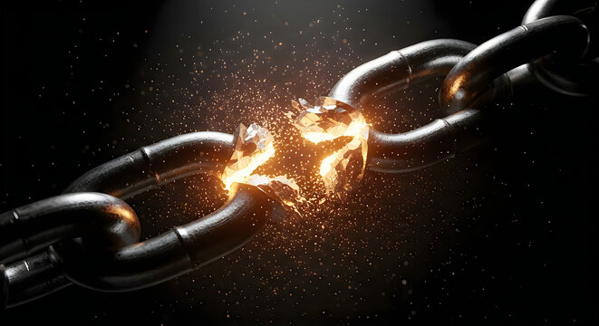 Broken chain background with glowing sparks and dramatic lighting for freedom or strength concepts