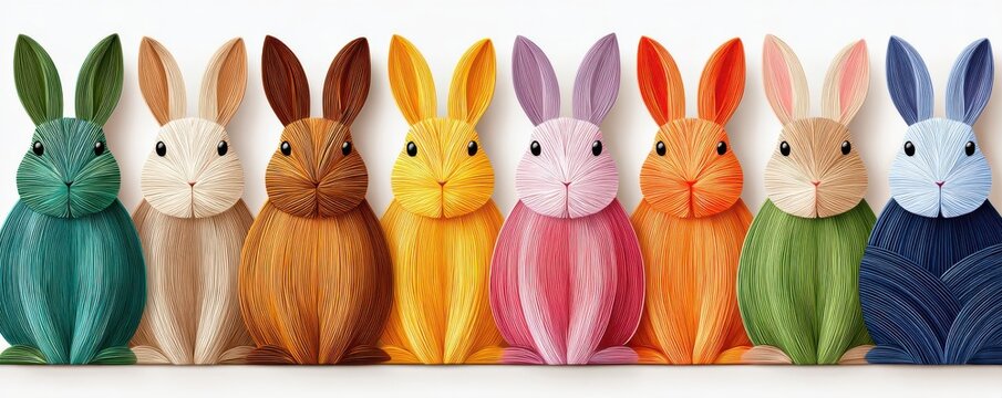 Colorful paper-thread bunnies standing in a row - handmade Easter craft art display