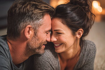 Obraz premium A middle-aged couple smiles closely together, sharing an intimate and joyful moment at home.