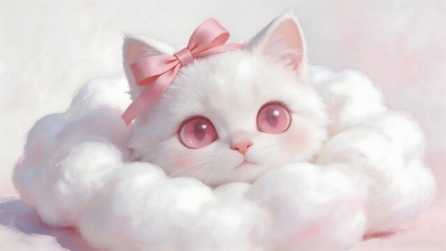 White cat with pink bow on cloud