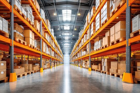 Empty warehouse aisle with tall shelves, organized pallets and boxes for logistics and storage operations
