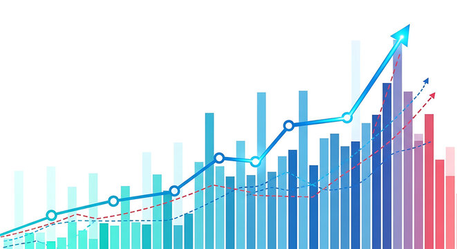 Abstract financial bar chart with growing trend arrow and data points on white background