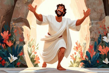 Obraz premium Jesus rising from the empty tomb with joyful arms in a bright resurrection scene