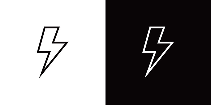 雷のラインアイコン。白い線と黒い線のモノクロベクターイラストセット