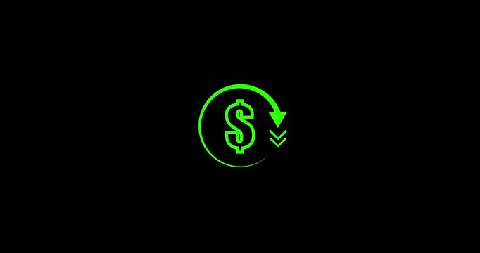 Abstract decrease icon on transparent background. Dollar rate down looped icon reduce costs sign and symbol business idea down arrow moving animation
