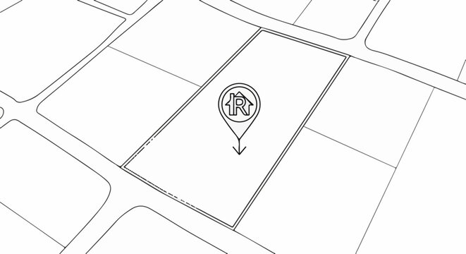 Abstract blueprint style map with a house pin marker on a parcel