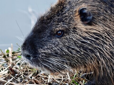 Waterside nutria with textured fur and reflective eyes setting contemplative mood by shoreline