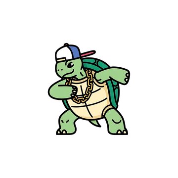 A cartoon turtle with a backwards cap and gold chain necklace is shown posing. Its stance is casual, appearing to be in motion