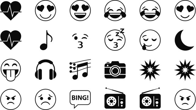 Emoticon symbol icons, digital communication graphics, emotion face illustration, music and camera design, user interface artwork, modern messaging elements