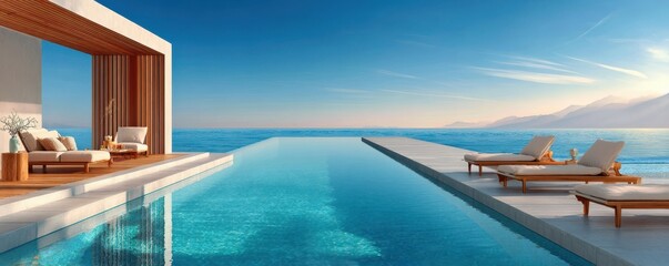 Fototapeta premium Minimal infinity pool and ocean view with modern lounge and sunbeds at sunset