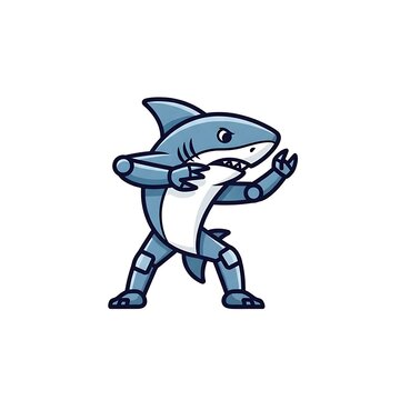 A cartoon shark with robotic arms and legs, standing and posing on a white background. It's an illustrated digital design
