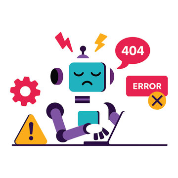 AI Robot Working on Laptop with Error Warning Screen, and System Failure Concept