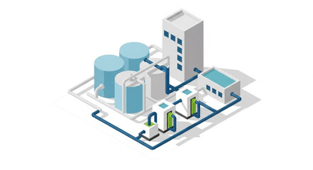 Fototapeta premium Isometric industrial plant with storage tanks and pipelines.